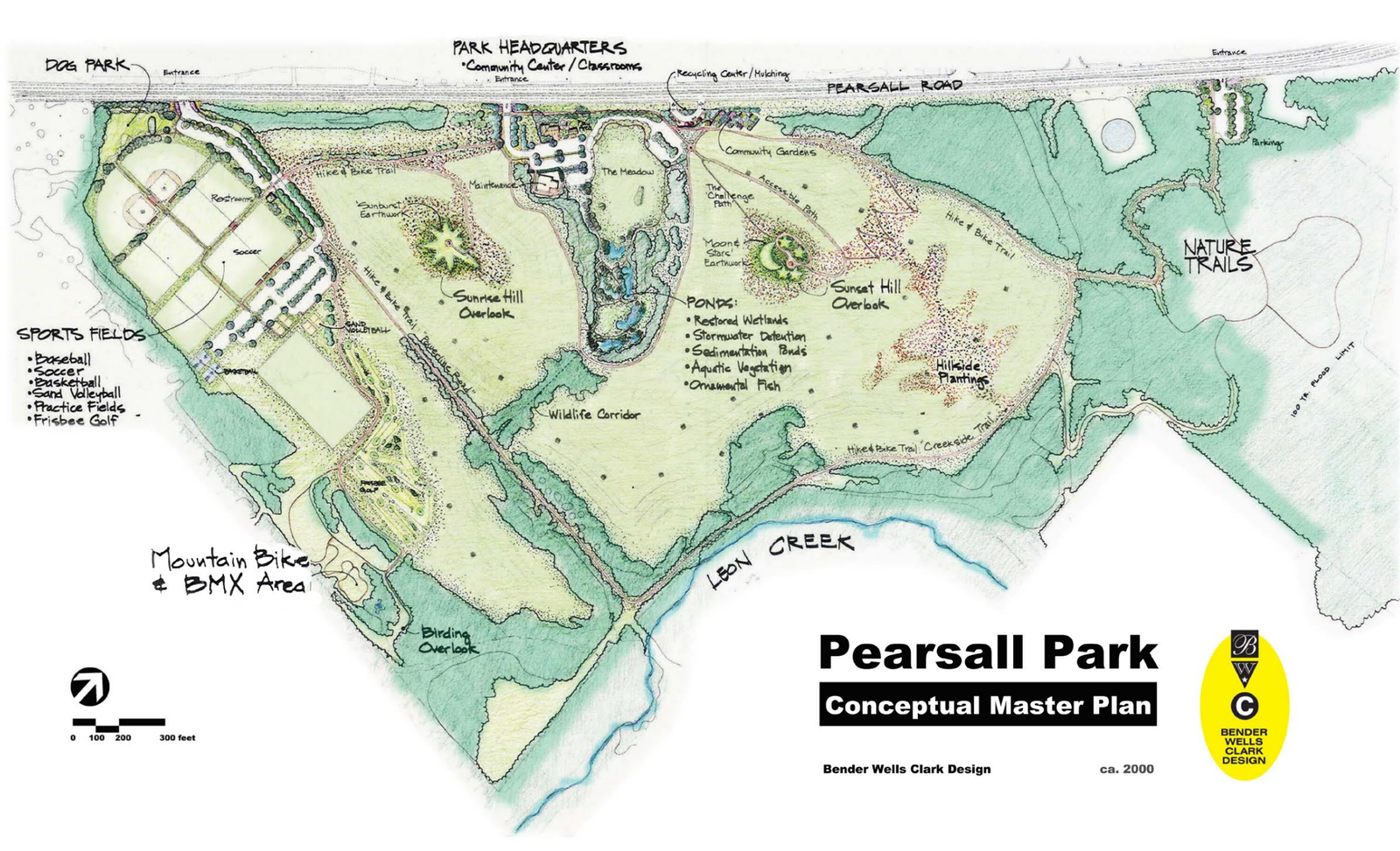 Pearsall Park conceptual master plan circa 2000 showing trails, overlooks and a mountain-bike and BMX area.