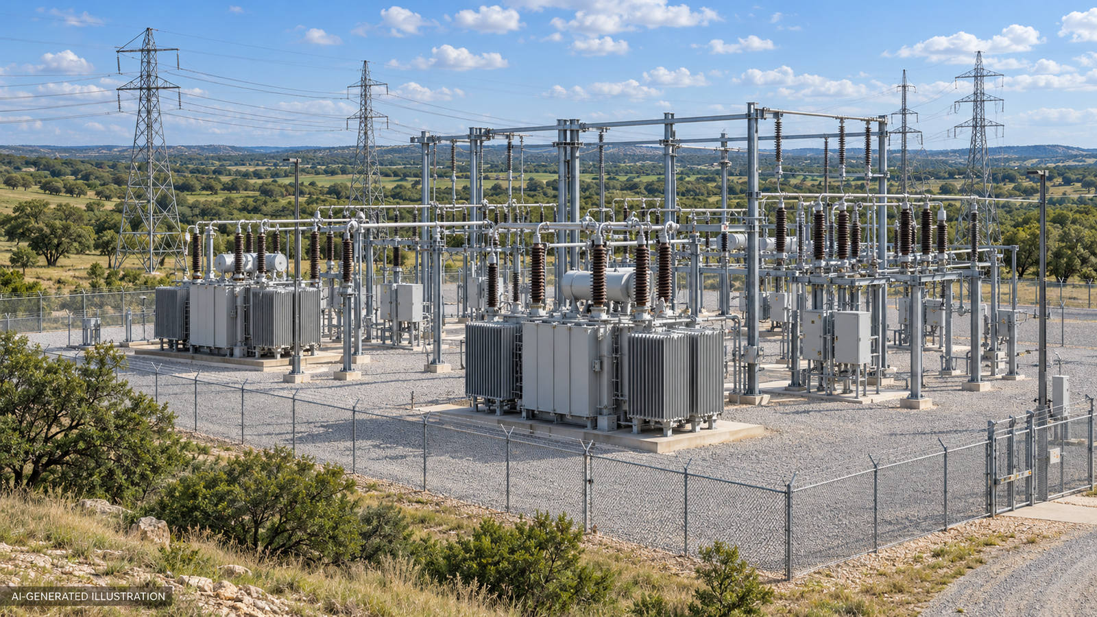 AI-generated electrical substation illustration accompanying the Cedar Creek data center power discussion