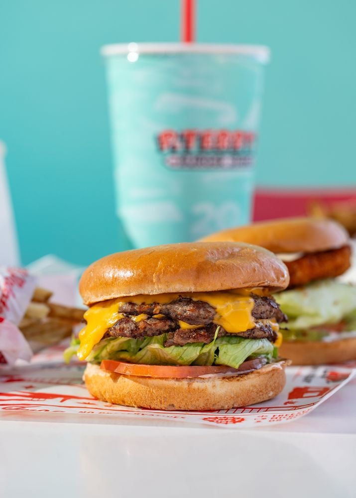 P. Terry’s double cheeseburger with lettuce and tomato, fries and a branded drink cup