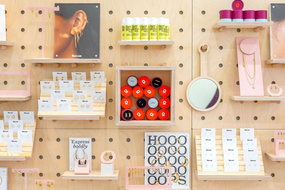 Rowan jewelry display with earrings and accessories, representative image for Rowan at LaCenterra