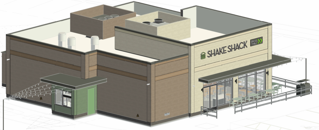 Shake Shack Mansfield - Project Rendering Shake Shack Mansfield rendering showing the planned drive-thru restaurant and outdoor patio