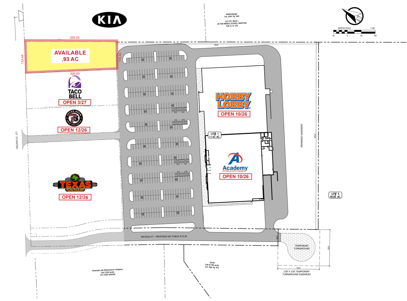 Granbury retail site plan showing Taco Bell, Academy, Hobby Lobby, Texas Roadhouse and 7 Brew