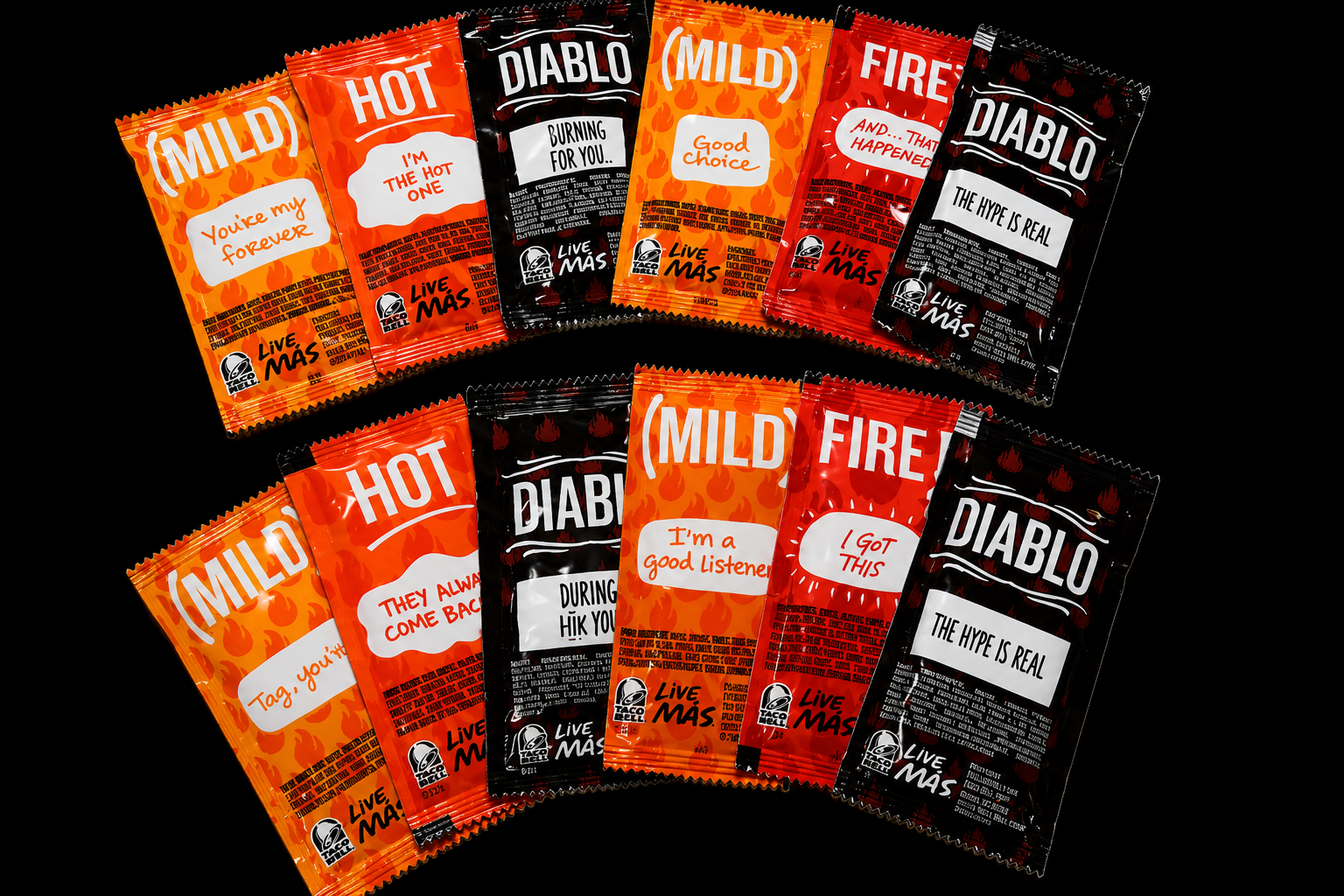 Taco Bell Mild, Hot, Fire and Diablo sauce packets