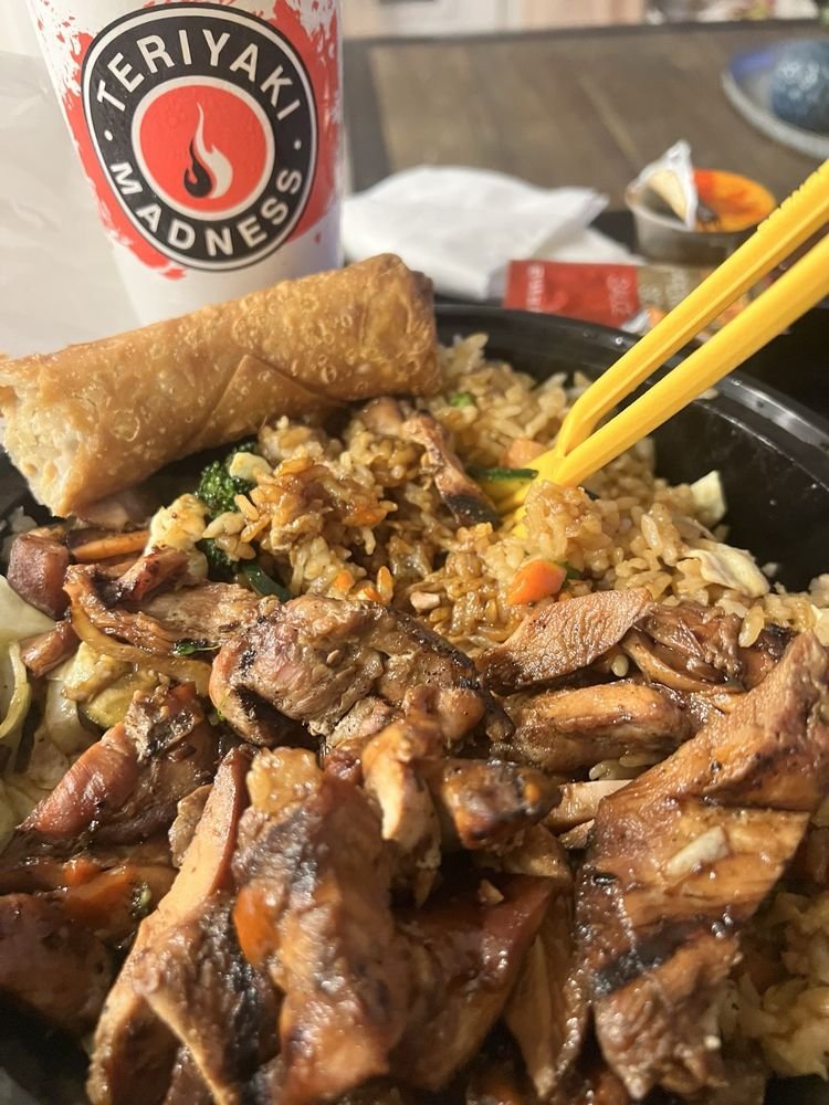teriyakimadnessfood Teriyaki Madness chicken with fried rice, vegetables and an eggroll