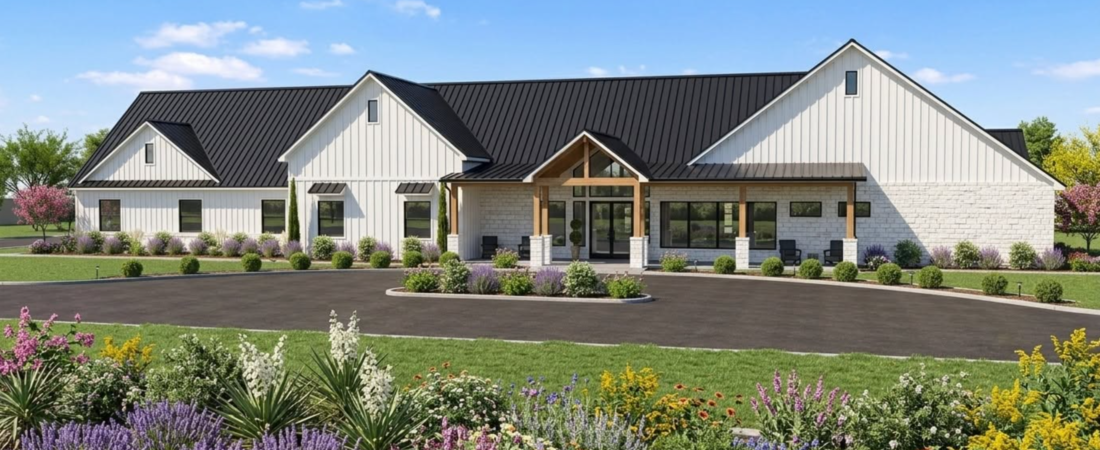 the archer weatherford rendering The Archer Assisted Living Weatherford exterior rendering showing a single-story residence with gabled roofs and landscaped grounds