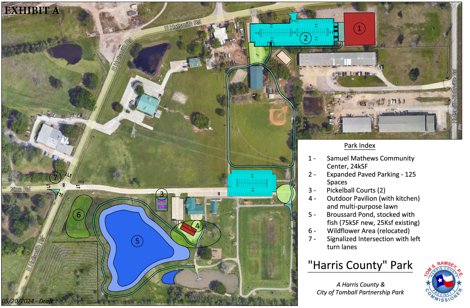 Earlier Mathews Community Center concept plan showing parking, pickleball courts and the Broussard Pond