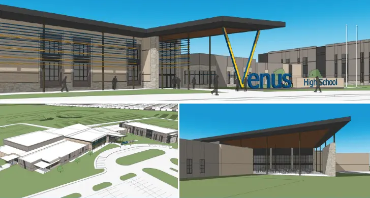 New Venus High School concept renderings showing the entrance, blue-and-gold V and campus exterior