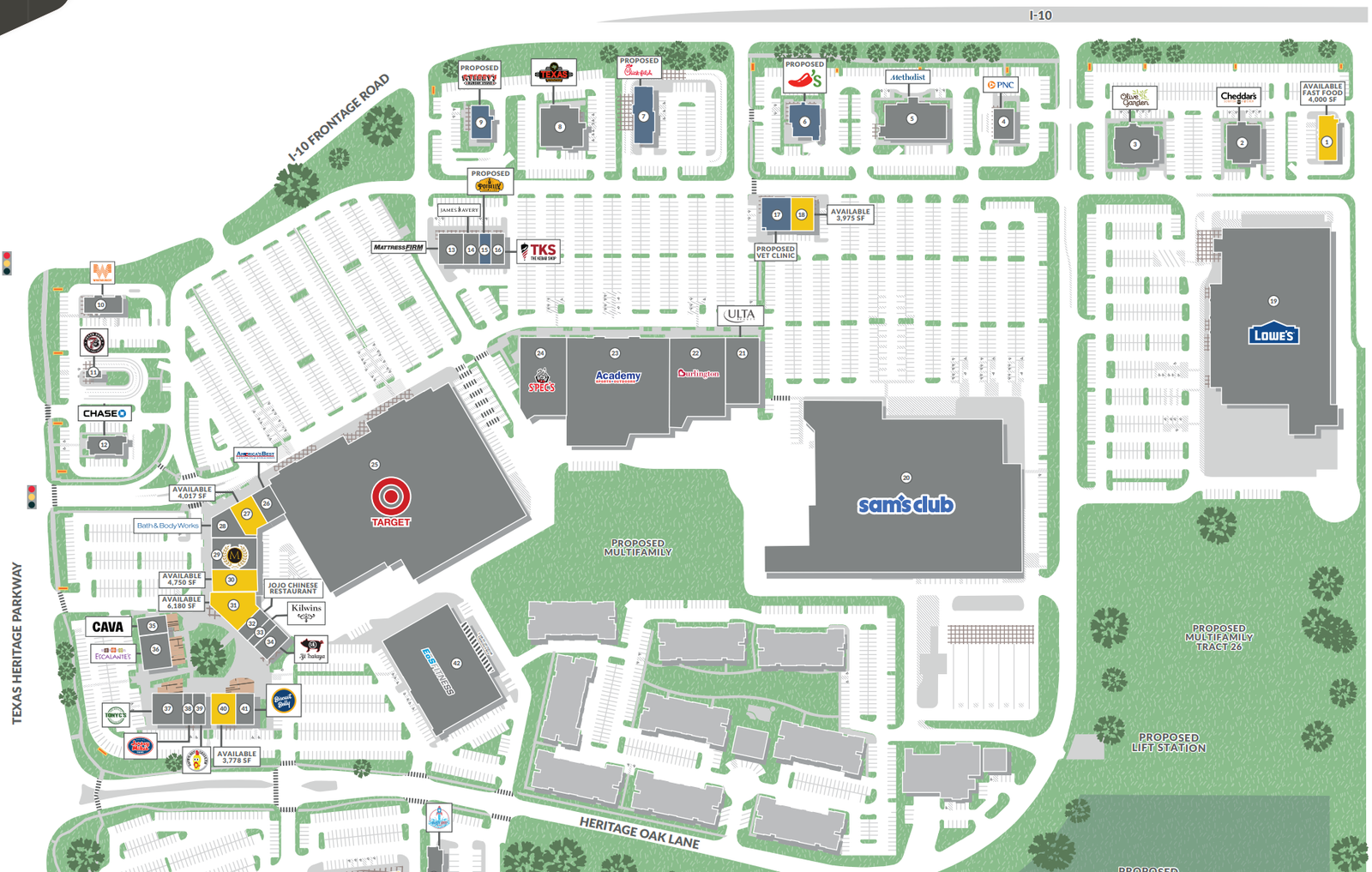 Texas Heritage Marketplace development plan showing retail anchors, restaurants and proposed multifamily sites in west Katy