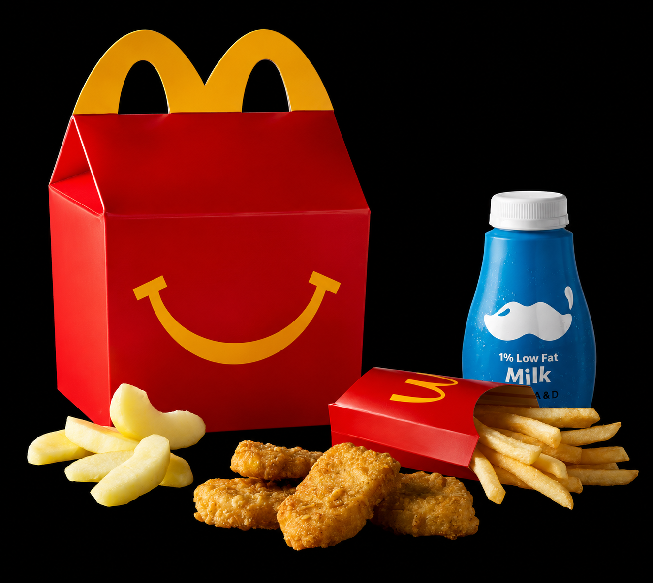 McDonald's Happy Meal — Representative Food Image Happy Meal box with chicken nuggets, fries, milk and apple slices