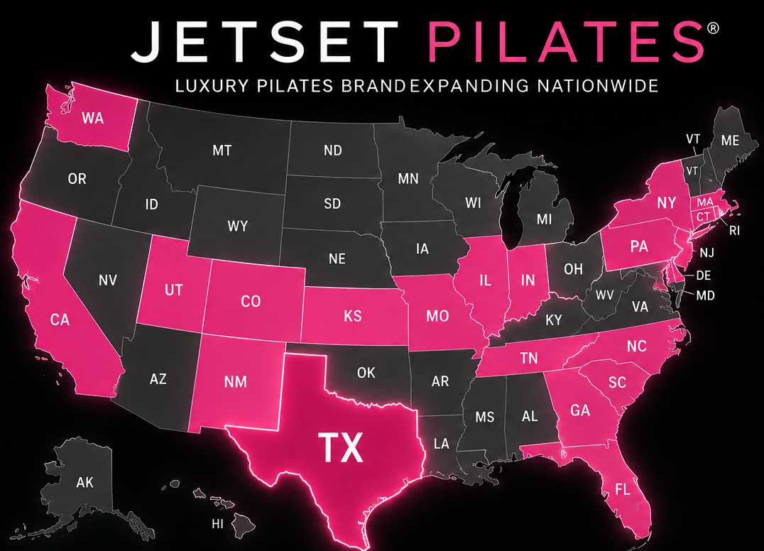 JETSET Pilates U.S. Expansion JETSET Pilates expansion map highlighting Texas and other U.S. markets
