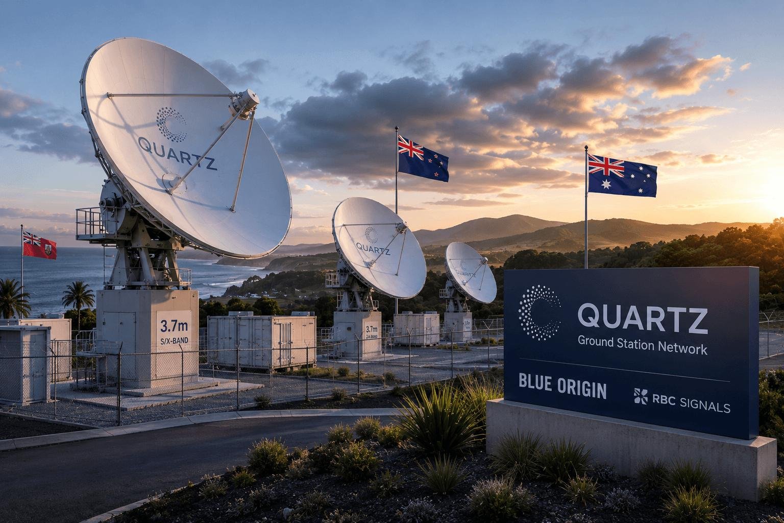 Blue Origin Quartz Ground Station Network — Representative Illustration Representative illustration of Quartz-branded satellite communications antennas