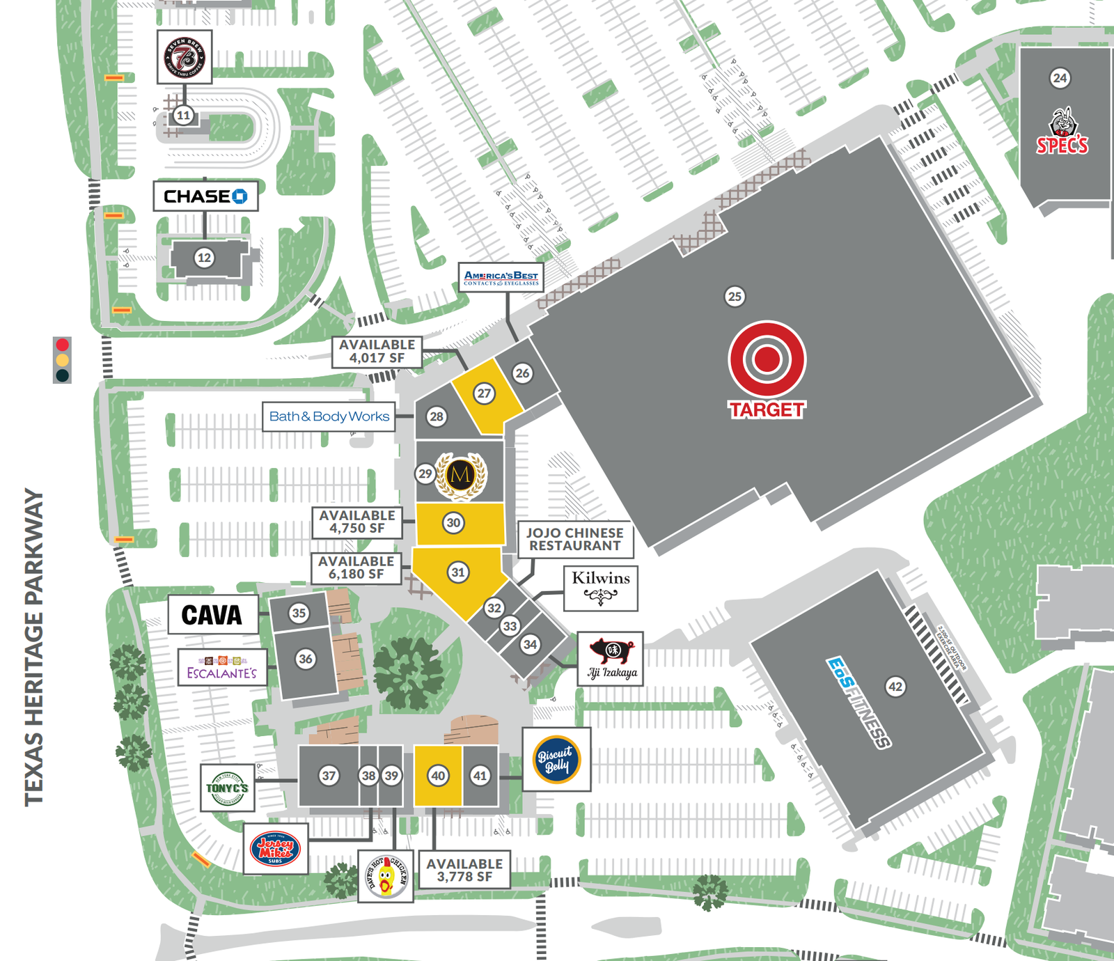 Texas Heritage Marketplace restaurant-area plan showing Dave's Hot Chicken, Jersey Mike's, Tony C's and Biscuit Belly